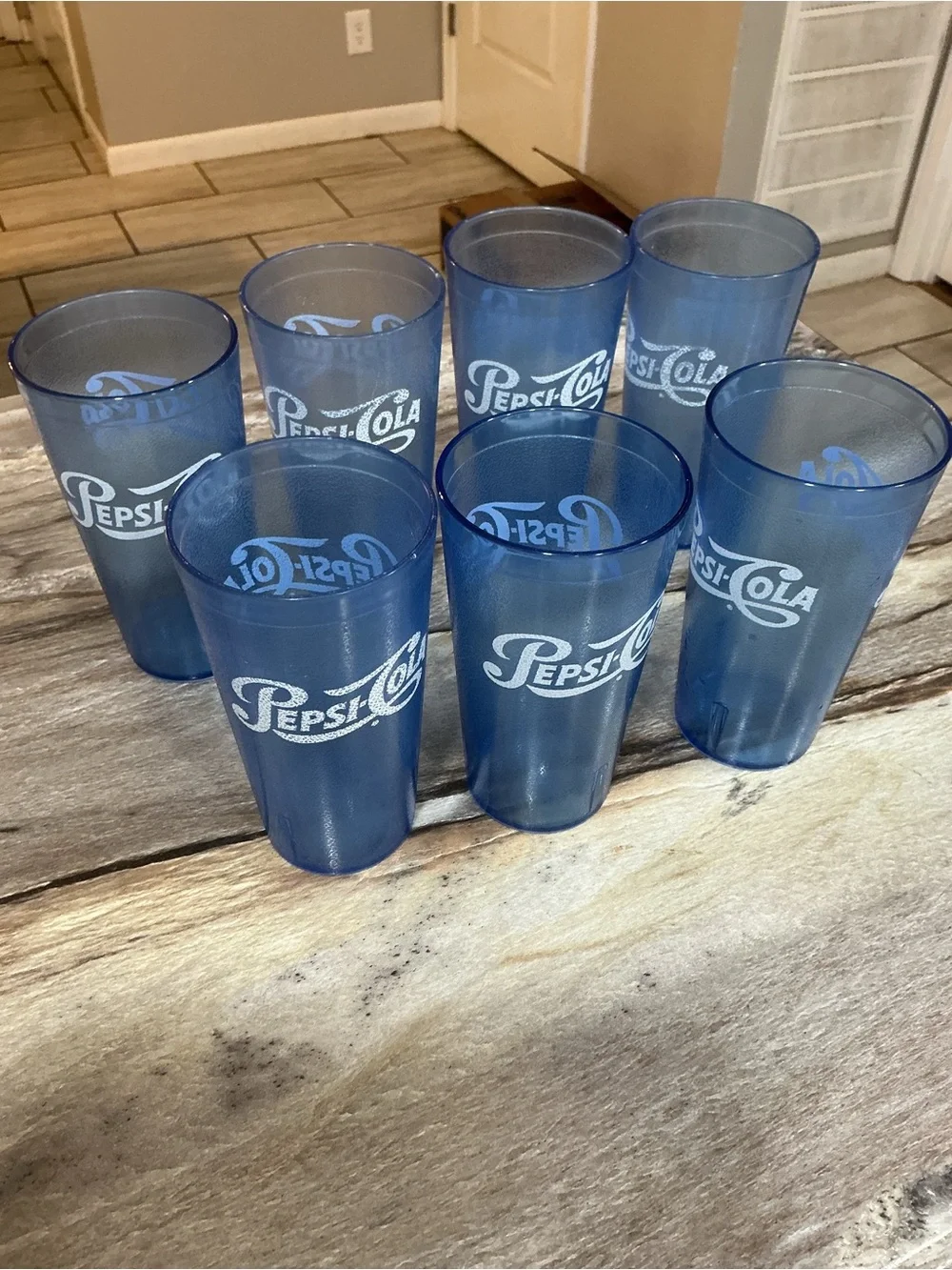 Set of 7 Vintage Pepsi-Cola Blue Restaurant Tumblers 20 oz Retro Diner Cups